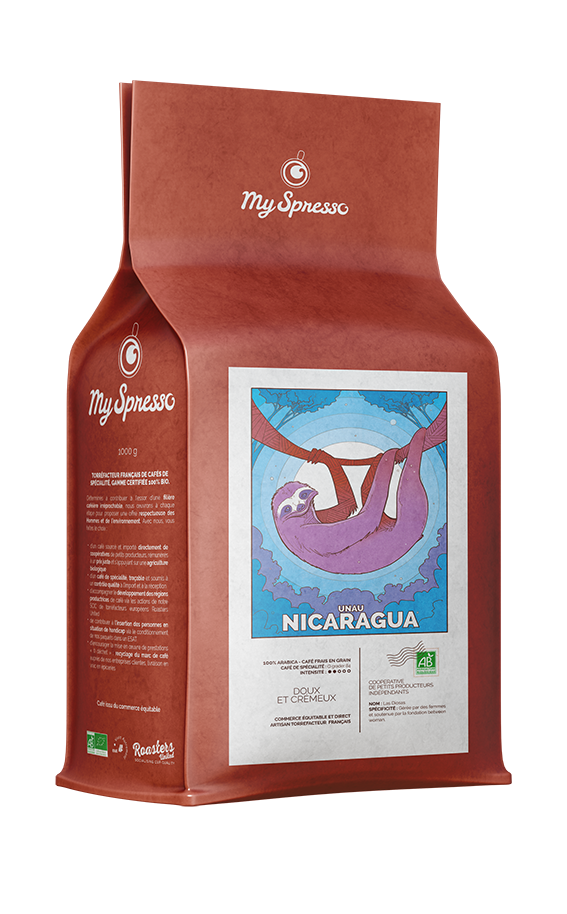 Cafe bio Nicaragua 1kg en grain paresseux unau entreprise myspresso coop Las Diosas
