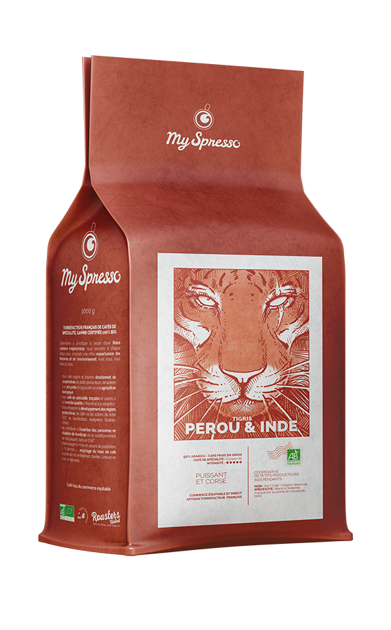 Cafe bio blend italien arabica robusta 1kg en grain tigre Tigris entreprise myspresso blend artisanal